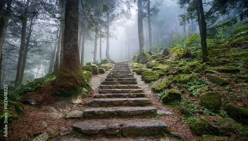 discover ancient stone steps bathed in misty forest light hinting at forgotten rituals or a serene connection with nature s embrace