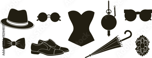 Vintage fashion accessories collection in black and white silhouette
