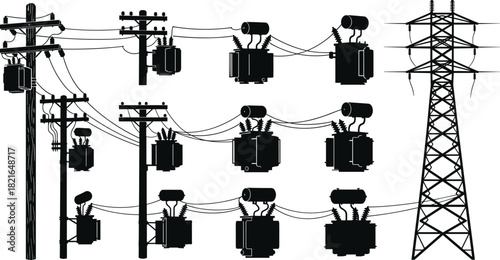 Set of electrical power silhouettes with utility poles, transformers, and high voltage transmission tower vector illustration.