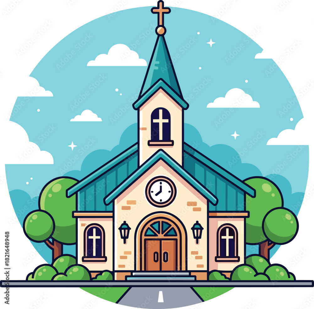 Naklejka premium Charming Cartoon Church Illustration on Sunny Day, Spiritual Gathering Place, Religious Building for Worship & Community, Traditional Faith Concept, Ideal for Children's Education Material, Pastoral O