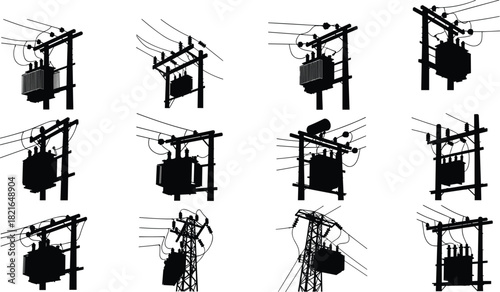 Set of perspective silhouettes featuring electric transformers on utility poles and transmission towers vector illustration.