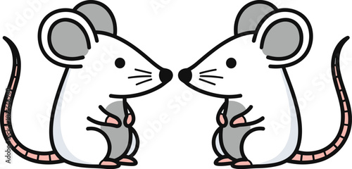 Two Cute Mice Facing Each Other in Cartoon Style Illustration on White Background for Children's Storybooks and Educational Materials: Whimsical Rodents, Friendly Interaction, Animal Characters, Drawi