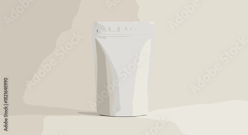 Blank White Stand-Up Pouch Mockup Standing Upright on Beige Backdrop Displaying Packaging Design in Studio, Demonstrating Product Presentation for Food Business Advertising and Marketing Campaign Mate