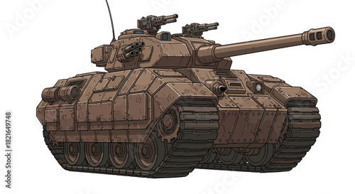 Cartoon Armored Tank Moving Forward, Modern Military Vehicle Advancing Across the Battlefield, Heavy Combat Equipment for Defense and Security, War Machine Illustration for Gaming and Design, Detailed
