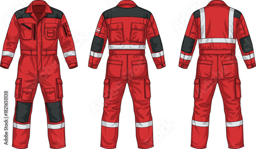 Red Coverall Illustration for Professional Workwear Design Mockup, Protecting Apparel for Uniforms & Garments, Construction Safety, High-Visibility, Emergency Services, Industrial & Outdoor Activities