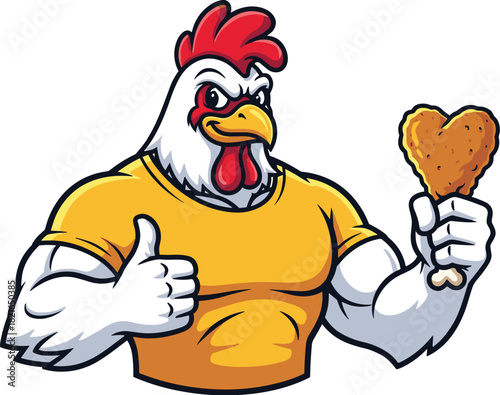 Muscular Cartoon Chicken Mascot Holding Fried Chicken Drumstick and Giving a Thumbs Up, Serving Fast Food with Pride in a Whimsical Setting, Symbolizing Restaurant Marketing and Advertising with Detai
