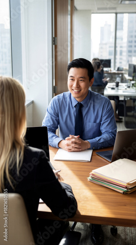 Fototapeta Naklejka Na Ścianę i Meble -  Smiling Asian HR Manager Listening To Female Candidate During Job Interview In Sunny Modern Office