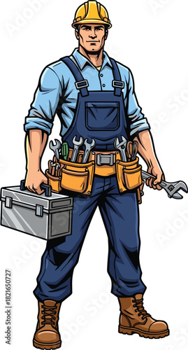 Confident Construction Worker Holding Toolbox Ready for Action on the Job Site Delivering Quality Craftsmanship & Expertise, Perfect for Modern Industrial Business Branding,Illustrative Style, Ideal f