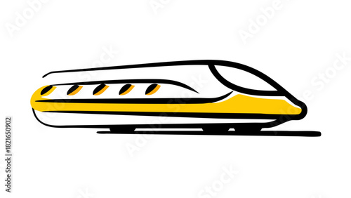 Vector illustration of a bullet train racing along tracks, sleek aerodynamic design, dynamic motion lines, modern transport icon style