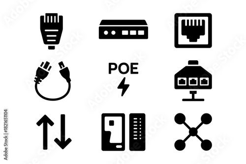 Power over ethernet icons in minimalist black small set