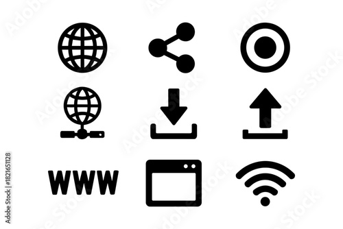 Technology icons set featuring globe, sharing, download, and wifi symbols