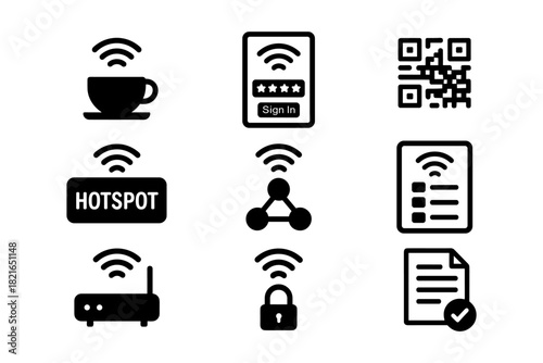 Wifi connectivity icons: hotspot, qr code, and secure connection symbols in black silhouette style