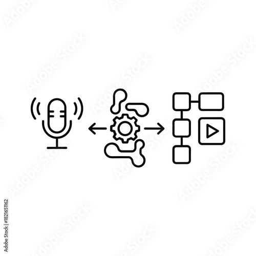 Audio processing workflow icon with microphone, gear, and video output