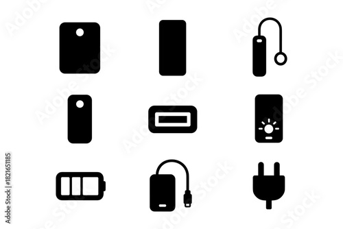 Set of 9 portable charger icons: minimalist black power bank symbols
