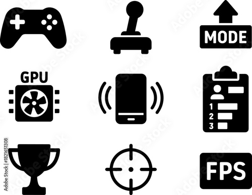 Set of gaming icons including game controller, joystick, and trophy