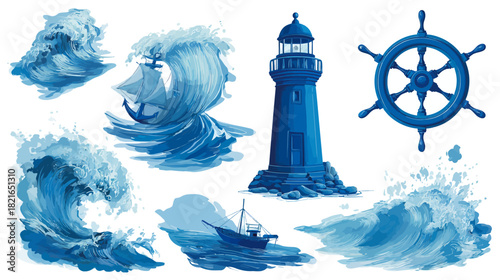 Dynamic blue ocean waves, historic lighthouse, ship's steering wheel, and sailing boats. Nautical marine adventure graphic elements set.