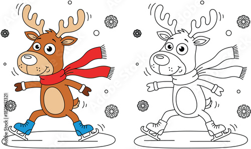 Cartoon reindeer ice skating coloring page. Cute deer character in winter scarf on ice rink. Vector illustration for kids education and activity book.