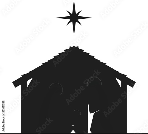 The Nativity Silhouette: a symbolic representation of the nativity scene, showcasing a humble stable illuminated by a guiding star. This image is steeped in reverence.
