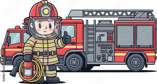 Cartoon Firefighter Giving Thumbs Up by Firetruck Ready for Emergency Response, Protecting Community, Offering Safety Services, in Illustration Style for Children's Education, Mascot Design, Colorful