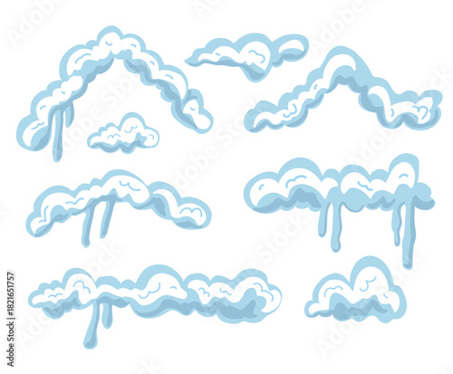 Set of  snow caps. Winter snow, roof and frame decoration elements for Christmas scenes, web graphics, cards, and game UI.