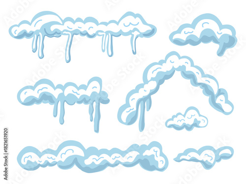 Set of  snow caps. Winter snow, roof and frame decoration elements for Christmas scenes, web graphics, cards, and game UI.