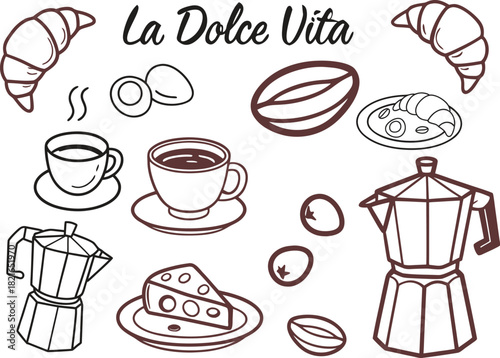 Hand drawn breakfast doodles set. Vector illustration of food and coffee icons in chalk, crayon drawing style for invitations, menus, parties. Minimalist line art. La dolce vita italian style.