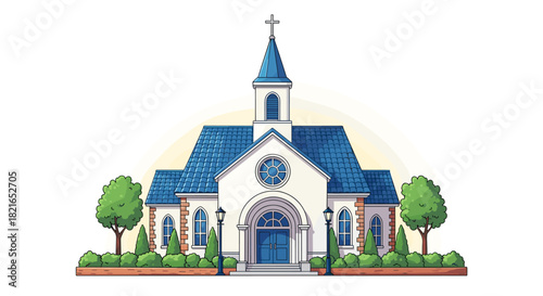 Charming Church Building Illustration Amidst Landscaped Grounds Showcasing Faith and Community Spirit, Ideal for Religious Educational Material and Pastoral Care Guides, Depicting Serenity and Traditi