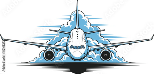 Commercial Airplane Flying Through Cloudy Sky for Global Travel and Transportation Services, a Conceptual Illustration for Aviation Industry Promotion and Modern Business Presentation, Stylized for We