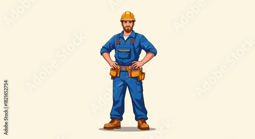 Confident Construction Worker Standing Proudly in Blue Overalls, Hands on Hips - Construction Site Professional Ready for Work, Representing Labor, Skilled Trades, Industry Expertise, Illustrative Cha