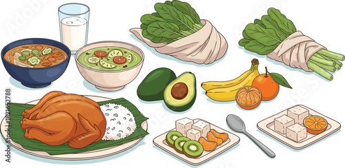 Nutritious Meal Preparation Featuring Fresh Produce, Chicken, and Soup on a Table, Showcasing Balanced Diet Concepts and Healthy Eating for Wellness, Suitable for Food Industry Marketing and Lifestyle