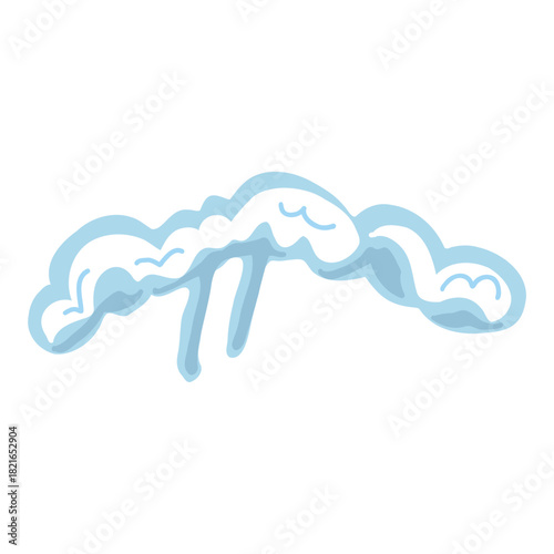 Single snow cap with long icicles in soft blue and white. Winter border element for roofs, frames, headers, Christmas scenes, web graphics, kids illustrations, and game UI.