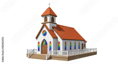 Quaint Church Building Rendering Welcoming All in a Peaceful, Bright Setting for Community and Faith-Based Initiatives, Illustrating Tolerance and Inclusivity with Rainbow Stained Glass, Ideal for Rel