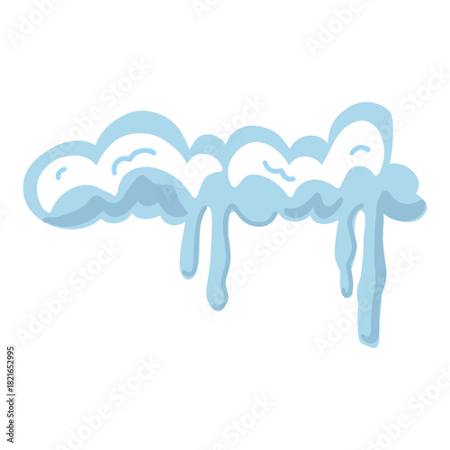 Single snow cap with long icicles in soft blue and white. Winter border element for roofs, frames, headers, Christmas scenes, web graphics, kids illustrations, and game UI.