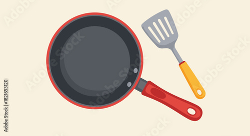 Frying Pan and Spatula Ready for Cooking: A Culinary Illustration of Kitchenware for Food Preparation in a Home Setting, Emphasizing Domesticity, Simplicity, and Modern Lifestyle, Ideal for Recipe Blo