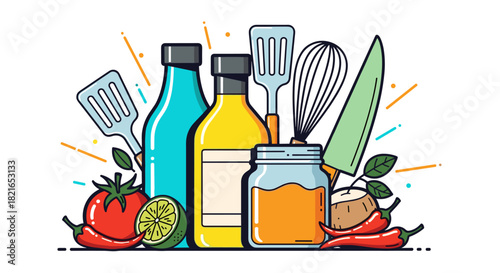 Colorful Culinary Ingredients & Tools Illustration Displayed in Kitchen Scene, Promoting Cooking Blog, Recipe Website, Modern Restaurant Menu, Food Presentation, Vibrant Colors, Composition Creating P