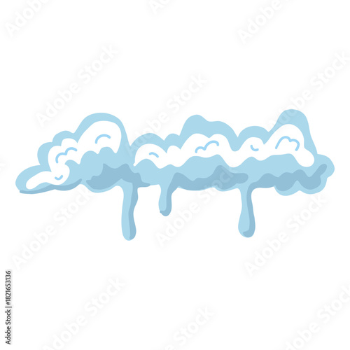 Single snow cap with long icicles in soft blue and white. Winter border element for roofs, frames, headers, Christmas scenes, web graphics, kids illustrations, and game UI.