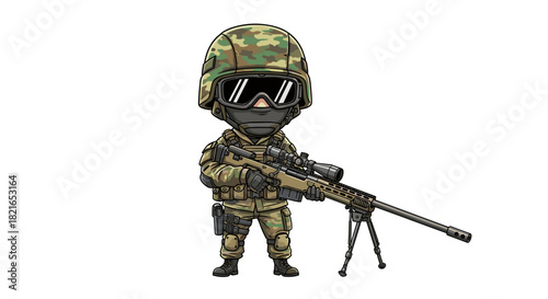 Cartoon Sniper Soldier Ready for Action: A Stylized Illustration of a Camouflaged Military Marksman Holding a Rifle, Aiming in a Combat Zone for Security, Surveillance, or Tactical Operations with Pre