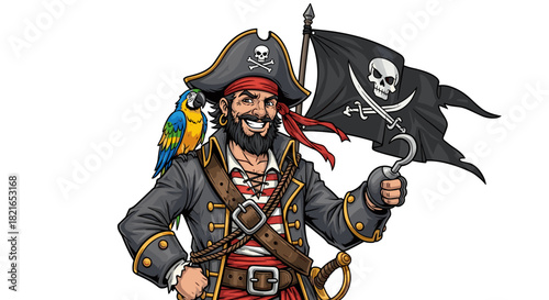 Smiling Pirate Cartoon Character Holding Jolly Roger Flag with Hook Hand, Perched Parrot Companion on Shoulder During Seafaring Voyage, Illustrating Nautical Adventure and Seafaring Lore for Children'