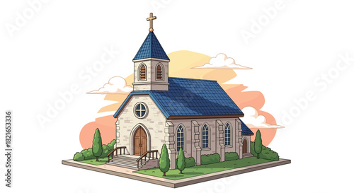 Quaint Church Building at Sunset Serving as a Spiritual Haven and Community Gathering Place: Illustration of a Traditional Stone Chapel for Faith-Based Initiatives, Religious Education, and Community
