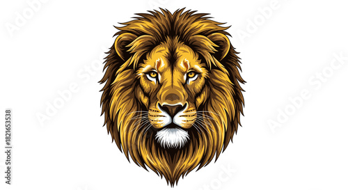 Majestic Lion Head Stares Intensely, Golden Mane Flowing, Isolated on White Background, Illustrative Design for Wildlife Conservation Presentation or Powerful Brand Marketing, Modern Vector Art Graphi