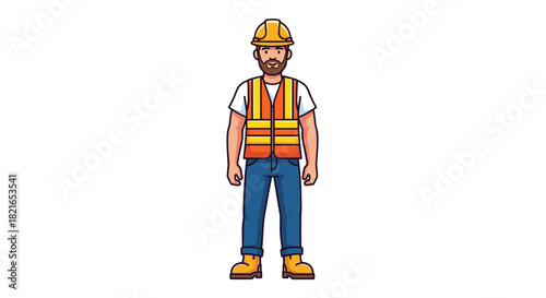 Bearded Construction Worker Standing Confidently on Job Site,  Wearing Hard Hat and Safety Vest, Ideal for Building Projects, Engineering,  Infrastructure,  Illustration Style, Professional,  Modern D