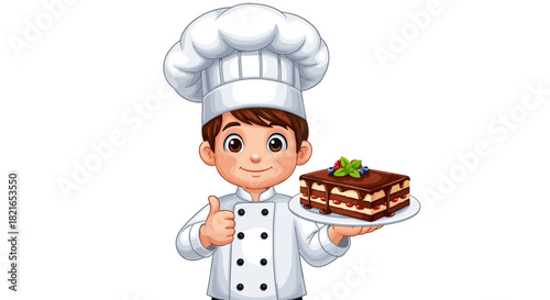 Cheerful Cartoon Chef Character Displaying Delicious Chocolate Cake Dessert on Plate, Smiling with Thumbs Up in Kitchen for Bakery Advertisement, Sweet Food Presentation, Cute Culinary Illustration, H