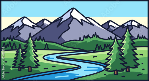 Serene Mountain Landscape with River & Pine Trees Illustrating Nature's Beauty for Outdoor Adventure & Environmental Awareness Presentations Depicting Wilderness Scenery, Hiking, Camping & Travel Adve