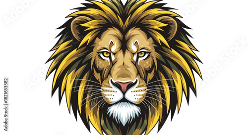 Majestic Lion Head Stares Intensely with Golden Mane on White Backdrop, Emblematic Predator Displayed as Vector Illustration for Wildlife Conservation Designs and Modern Mascot Concepts (Animal, Wildl