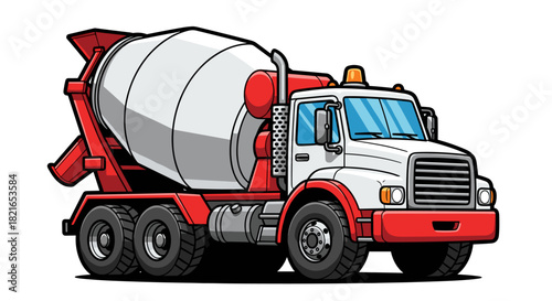 Cartoon Cement Truck Delivering Concrete Material on Construction Site, Heavy Industrial Vehicle for Infrastructure Project, Engineering, Foundation Work, Isolated Vector Illustration, Detailed Design