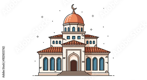 Detailed Illustration of a Mosque Architectural Masterpiece Standing Tall, Representing Islamic Architecture and Cultural Heritage in a Serene Setting, Perfect for Educational Presentations, Faith, an
