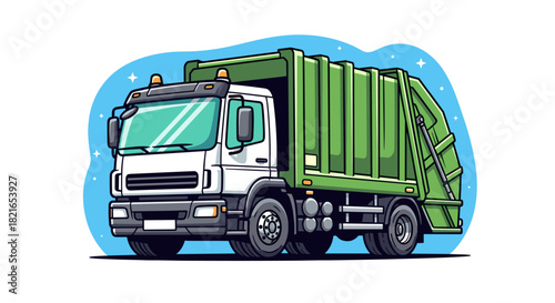 Green Garbage Truck Collecting Waste on Blue Backdrop, Automotive Industry Concept, Refuse Collection, Sanitary Vehicle, Sanitation, Trucking, Ecology, and Environmental Responsibility Illustration fo