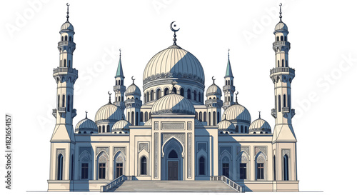 Elaborate Mosque Architecture Depicting Islamic Tradition, Culture, and Religion with Intricate Details and a Serene Atmosphere Under Soft Lighting for Educational, Spiritual, and Design Projects, Pre