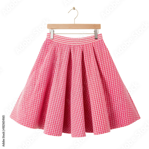 Stylish Pink Checkered Skirt Displayed on Hanger in Bright Setting