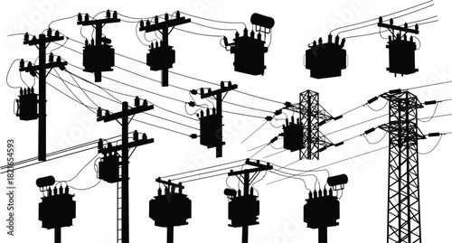 Utility Poles, Multiple High Voltage Transformers, and Transmission Tower Silhouette Vector